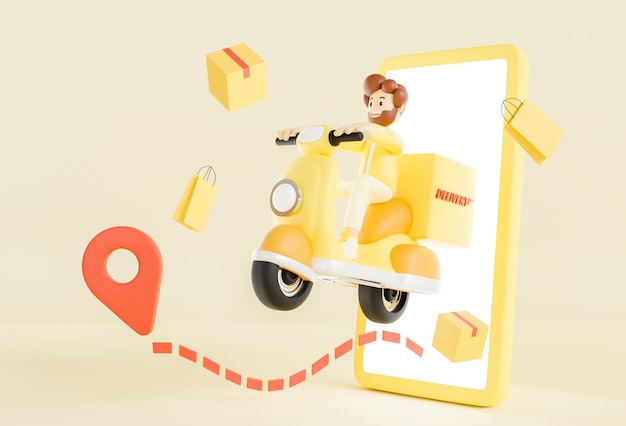 ilustração 3D conceito de serviço de entrega online entrega em casa e escritório por scooter e motocicleta