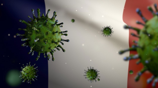 Ilustração 3D Coronavírus da gripe flutuando sobre a bandeira francesa, um patógeno que ataca o trato respiratório. Bandeira da França acenando com o conceito de infecção do vírus pandêmico Covid19. Estandarte de textura de tecido real