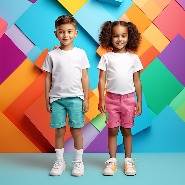 Foto ilustração 3d crianças de dois anos de idade de pé na frente de fundo colorido roupas realistas