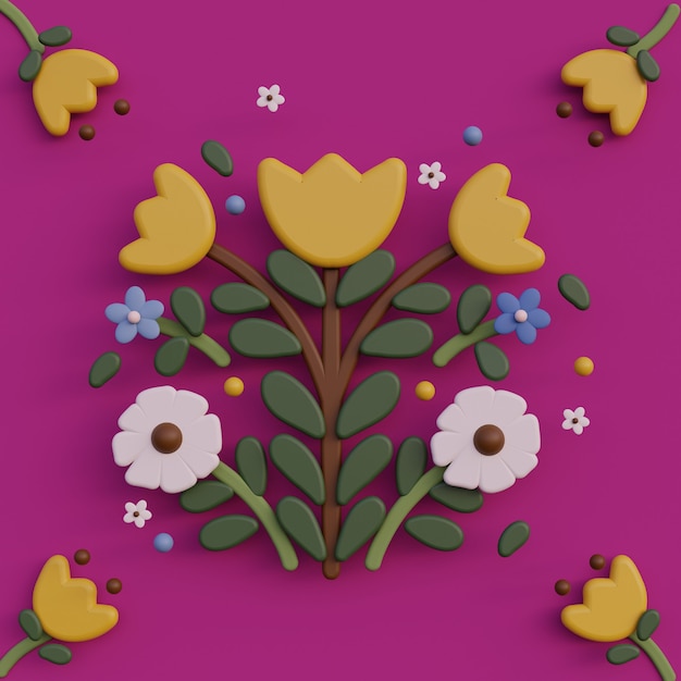 Ilustração 3d da arte popular desenho animado flores arte popular composições coloridas render ilustração