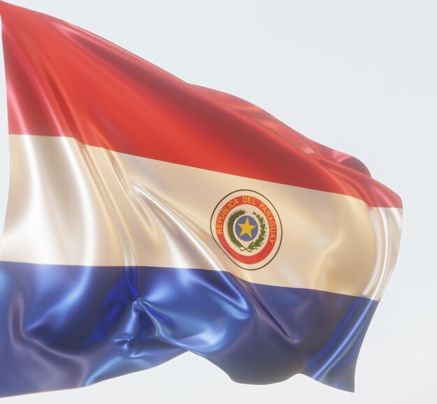 ilustração 3D da bandeira do paraguai em tecido ondulado brilhante sobre fundo azul claro