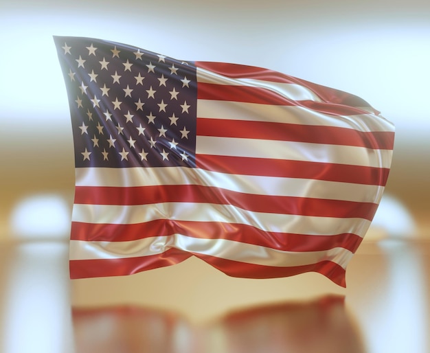 ilustração 3d da bandeira dos estados unidos da américa em tecido ondulado brilhante na superfície reflexiva
