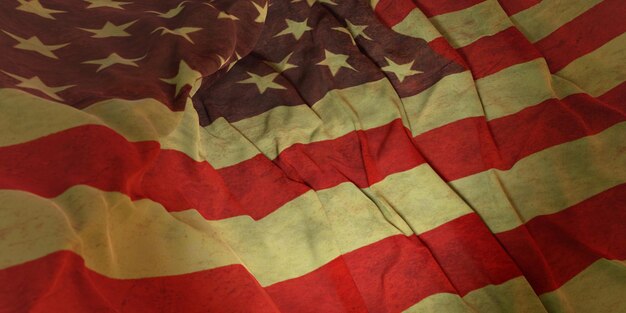 Ilustração 3D da bandeira dos Estados Unidos da América em tecido ondulado manchado em um ambiente ondulado