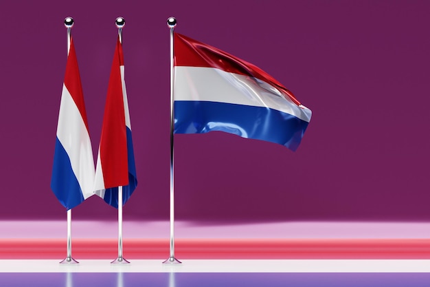 Ilustração 3D da bandeira nacional da Holanda em um mastro de metal vibrando. Símbolo do país.