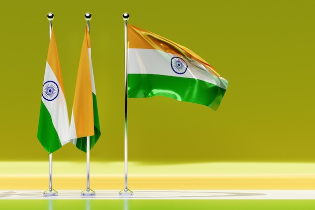 Ilustração 3d da bandeira nacional da índia em um mastro de metal vibrando. símbolo do país.