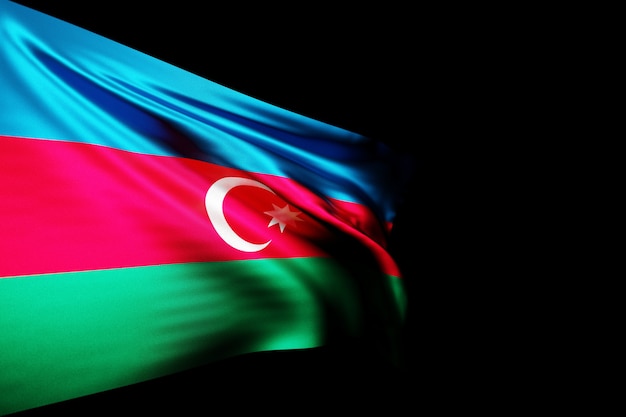 Ilustração 3D da bandeira nacional do Azerbaijão em um mastro de metal tremulando