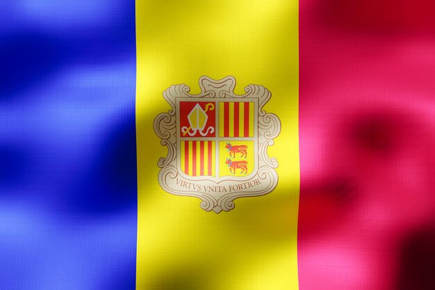 Ilustração 3D da bandeira têxtil de Andorra