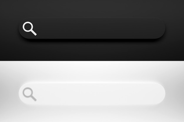 Foto ilustração 3d da barra de pesquisa pesquisar no painel de interface do usuário do site da caixa de internet com tema escuro e claro e botão de pesquisa on-line