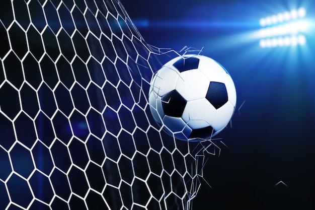 Foto ilustração 3d da bola de futebol, rasgando e quebrando a rede do gol de futebol.