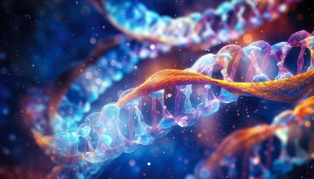 Ilustração 3D da cadeia de DNA sobre fundo azul com efeitos de luz