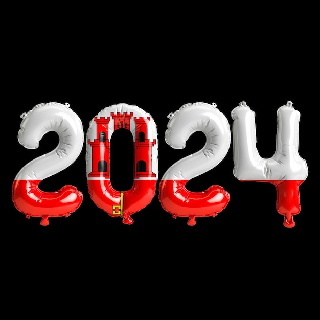 Ilustração 3D da carta sobre o ano novo de 2024 com balões na bandeira colorida de Gibraltar