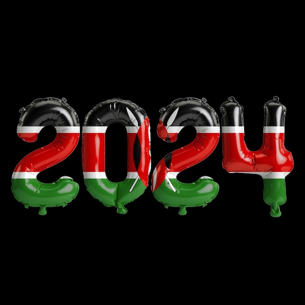 Foto ilustração 3d da carta sobre o ano novo de 2024 com balões na bandeira colorida do quênia