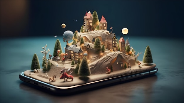 Ilustração 3D da casa de Natal e decoração no dispositivo móvel