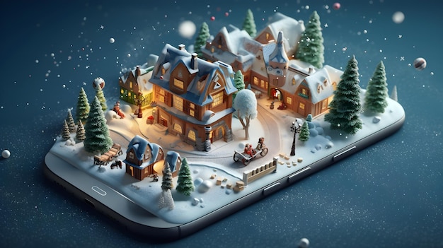 Ilustração 3D da casa de Natal e decoração no dispositivo móvel