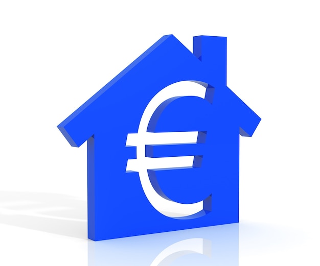 Ilustração 3d da casa e do símbolo do euro sobre fundo branco