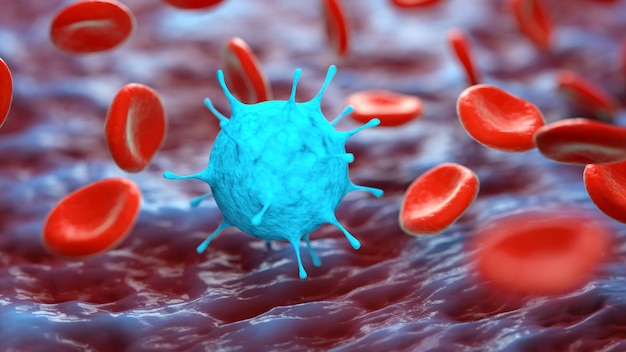 Ilustração 3d da célula e do sangue microscópicos do vírus. epidemia de doença viral, infecção, imagem conceitual. 3d rendem.