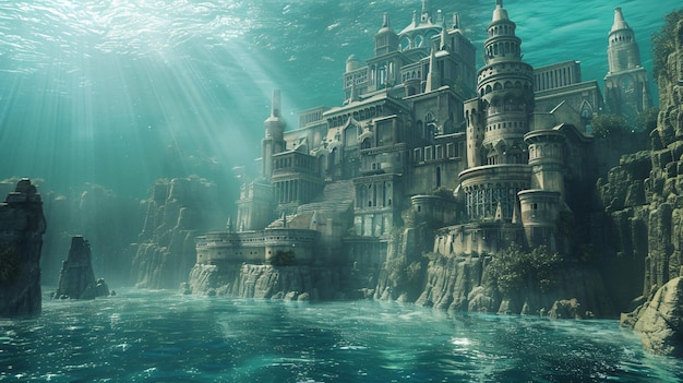 Ilustração 3D da cidade subaquática de Atlântida