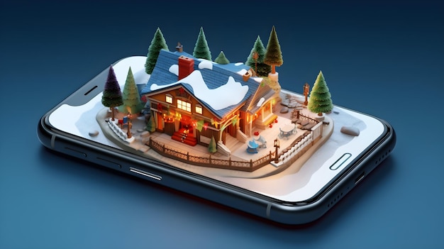 ilustração 3D da decoração da casa de Natal no smartphone