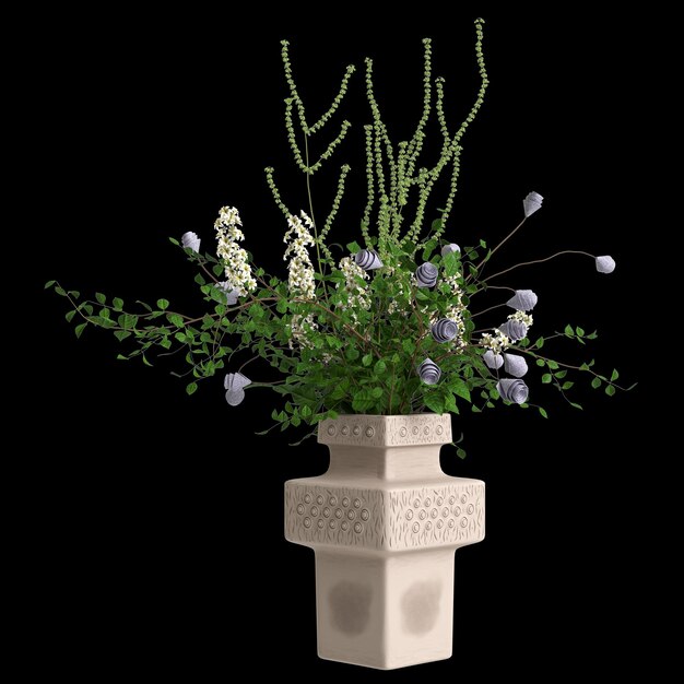ilustração 3d da decoração do vaso de flores isolada no fundo preto