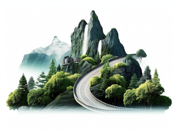 Ilustração 3D da estrada flutuante com bela vista da paisagem isolada de viagem e anúncio de estrada de férias