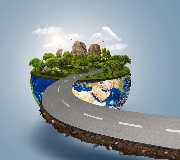 ilustração 3D da estrada no globo terrestre mostrando o conceito isolado com árvores, montanha, animais