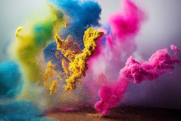 ilustração 3D da explosão de pó colorido festival indiano holi em fundo cinza