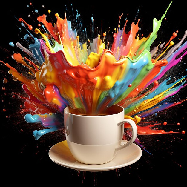Foto ilustração 3d da explosão do arco-íris na xícara de café