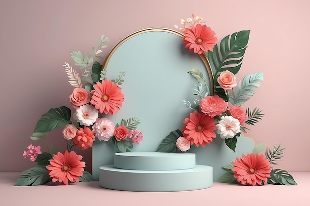 Ilustração 3D da exposição de produtos do Dia da Mulher com decoração floral e pódio