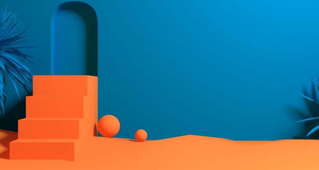 Ilustração 3d da forma geométrica abstrata de cor laranja e azul, display minimalista moderno do pódio ou vitrine