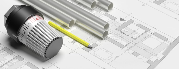 Ilustração 3d da instalação de aquecimento do prédio do termostato do radiador