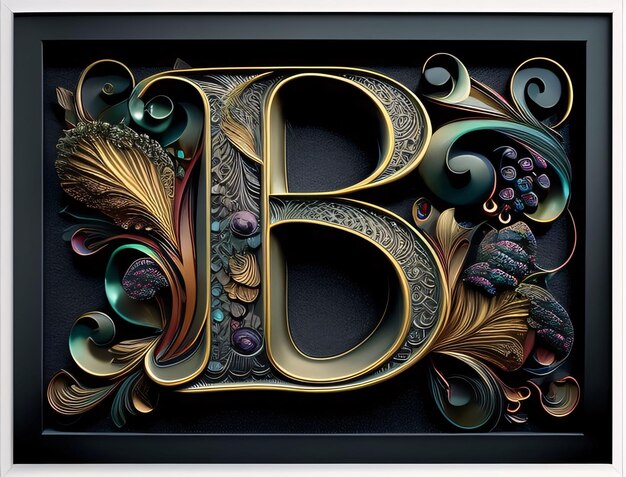 Foto ilustração 3d da letra b com um ornamento decorativo sobre um fundo preto