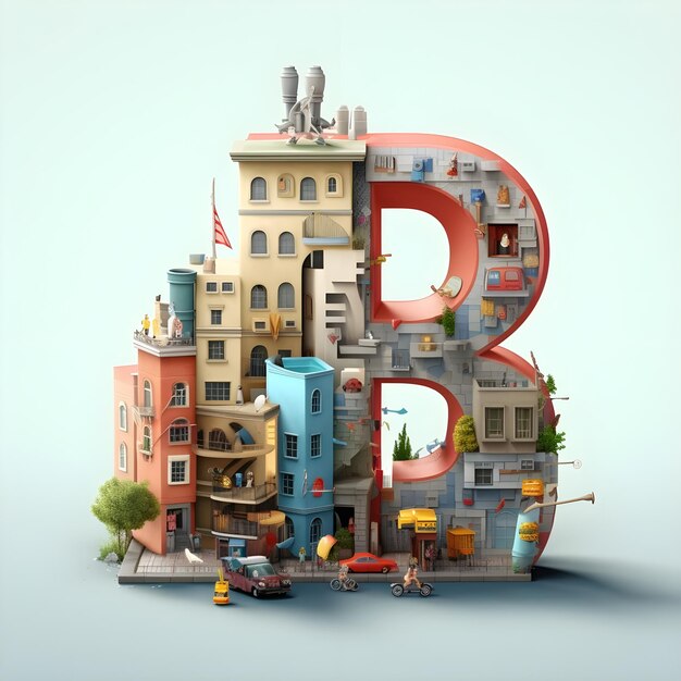 Ilustração 3d da letra B do edifício no fundo da cidade