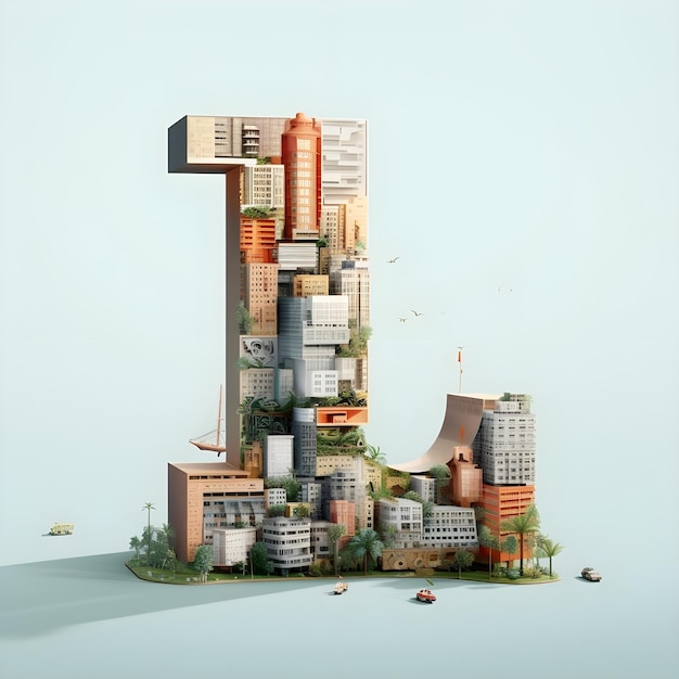 Ilustração 3d da letra L do edifício no fundo da cidade