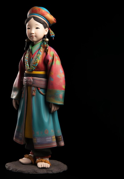 ilustração 3D da menina do Tibete com roupas tibetanas