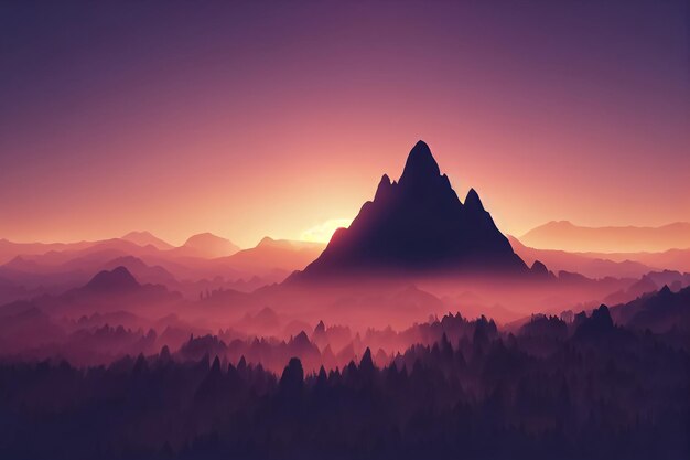 ilustração 3D da montanha de picos de paisagem fantástica ao pôr do sol
