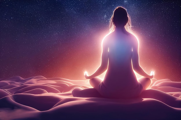 ilustração 3D da mulher na posição de lótus meditando no fundo da via láctea do espaço das estrelas