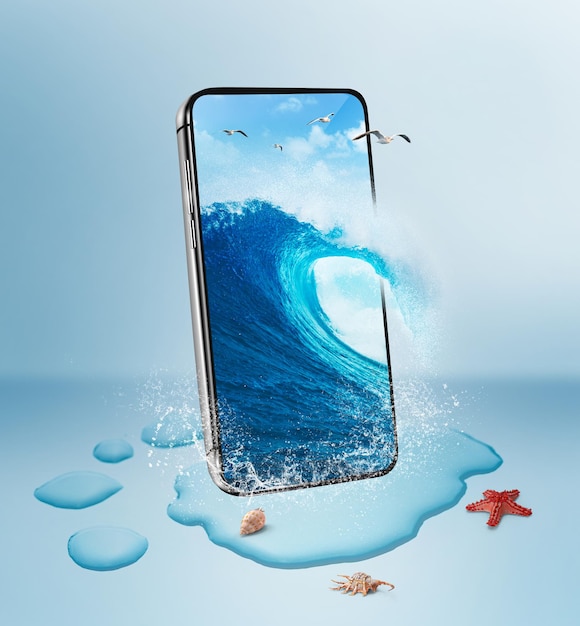 Ilustração 3D da onda do mar saindo do smartphone. lindo oceano azul isolado no celular.