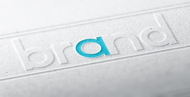 Foto ilustração 3d da palavra-marca em relevo em um fundo de papel com efeito de desfoque. conceito de marca da empresa ou identidade corporativa