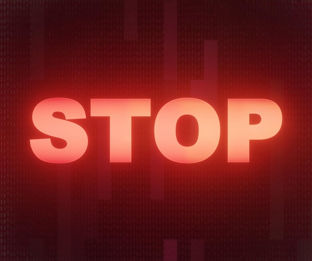 ilustração 3D da palavra stop iluminada em vermelho brilhante nas linhas verticais marrons riscadas ba