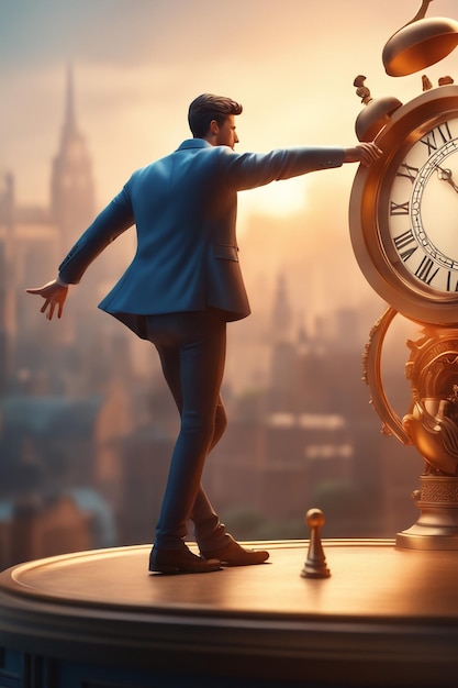 Ilustração 3D da pose do personagem masculino apontando para o personagem do homem de negócios do relógio