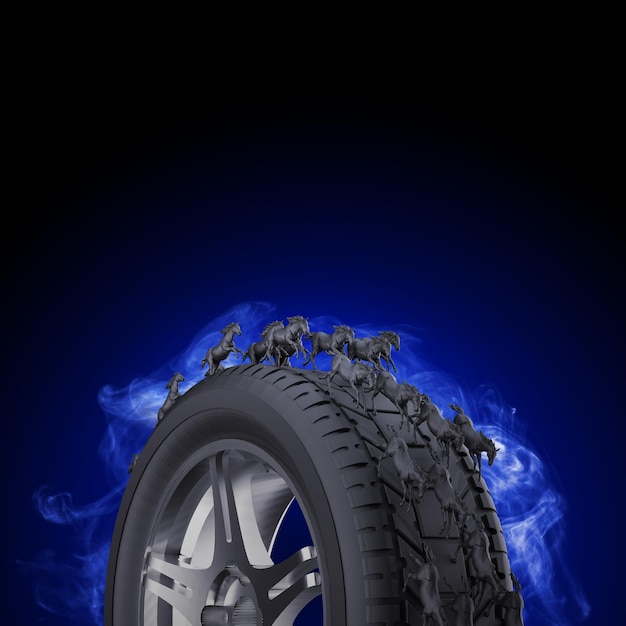 Ilustração 3D da propaganda criativa do pneu com cavalo. modelo de design criativo de pneu