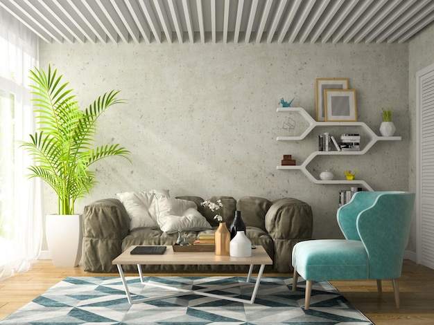 Ilustração 3D da sala de design moderno interior