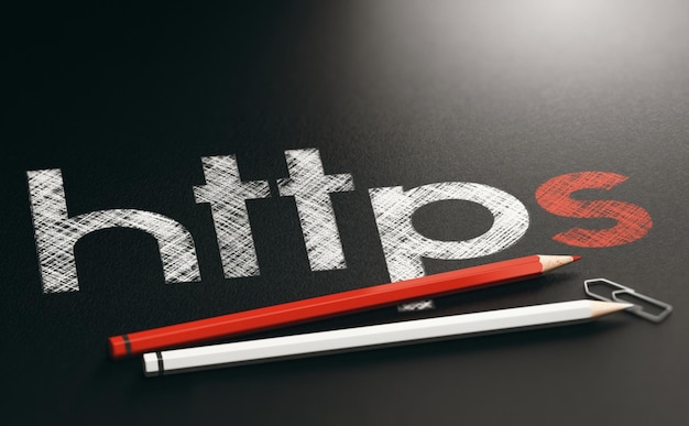 Ilustração 3D da sigla https escrita com lápis de madeira vermelhos e brancos sobre fundo preto.