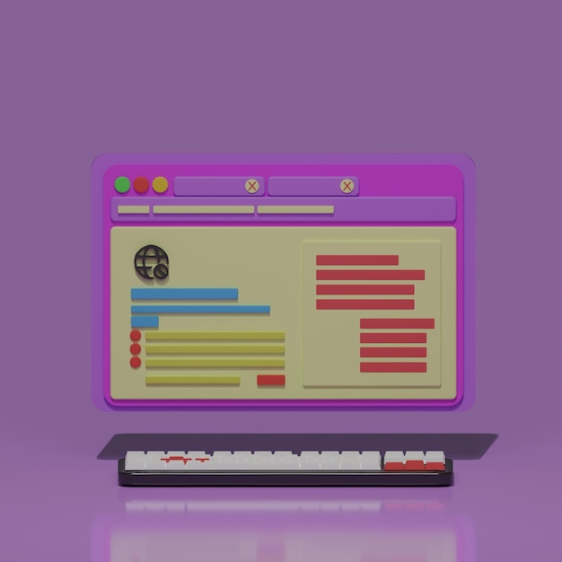 Ilustração 3D da tela do computador em design minimalista e cor rosa com vista frontal