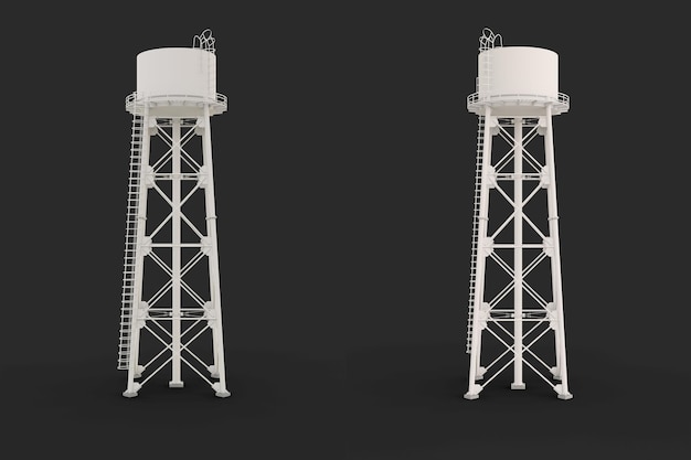 Foto ilustração 3d da torre de água isolada no reservatório de recursos aquosos de fundo branco e torre de água industrial de contêiner de estrutura metálica alta