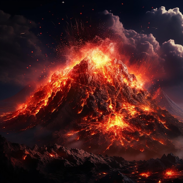 Ilustração 3D da visão noturna da erupção do vulcão