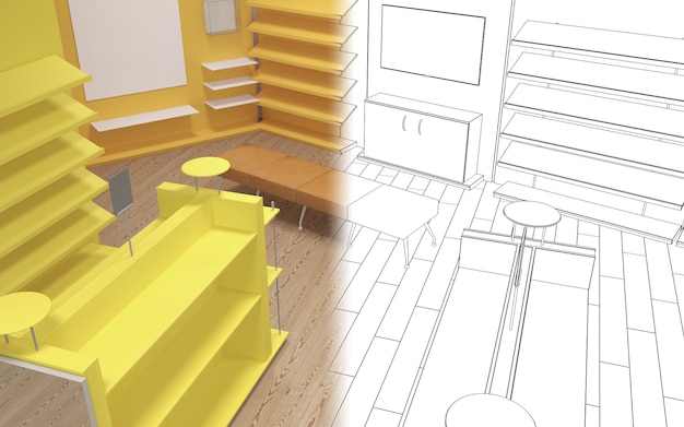 ilustração 3D da visualização do interior da loja nas instalações comerciais