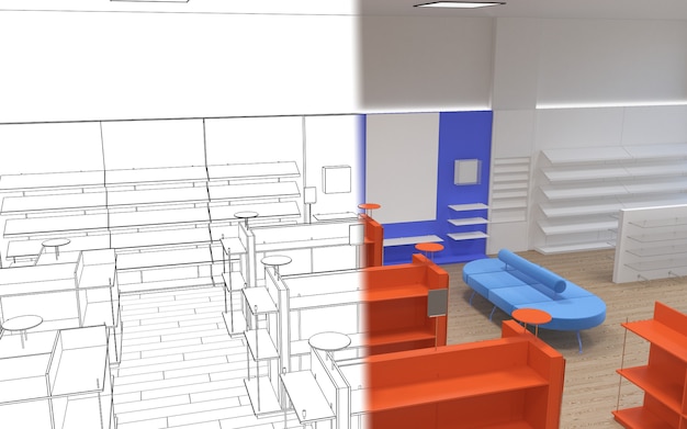 ilustração 3D da visualização do interior da loja nas instalações comerciais