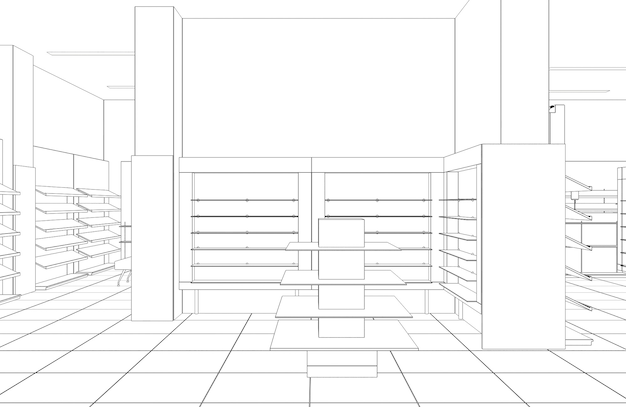 ilustração 3D da visualização do interior da loja nas instalações comerciais