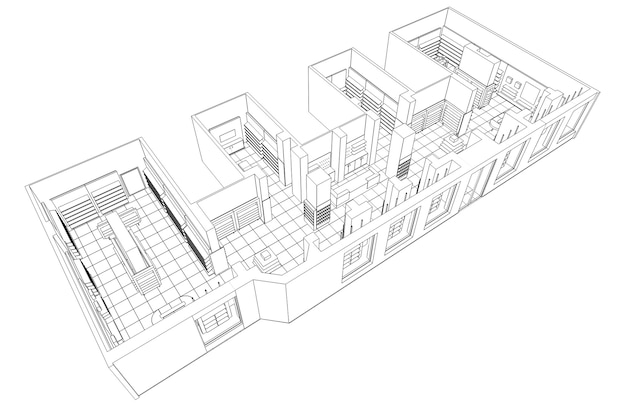 ilustração 3D da visualização do interior da loja nas instalações comerciais